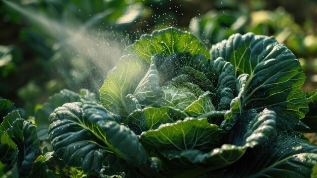 Foto sprayer boquilla rociado la planta de repollo vegetal insecticida y la química se utilizan