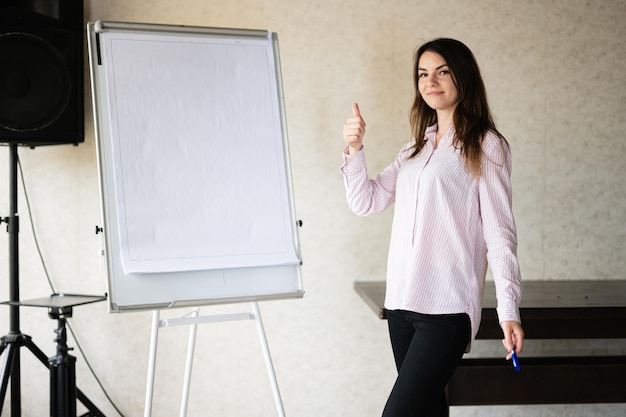 Sprecherin, Trainerin, Show auf Whiteboard, Daumen hoch-Schild. Weibliche Teamleiterin genehmigt Projektideen