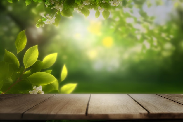 Spring Bokeh Background com tabela Woden Ai generative