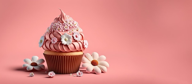 Spring Holiday Cupcakes mit Blumen und Streuseln auf rosa Hintergrund Generative AI Ein Platz für Ihren Text