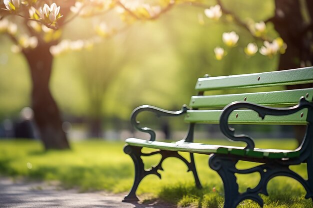 Spring Serenity Park Bench con un fondo borroso