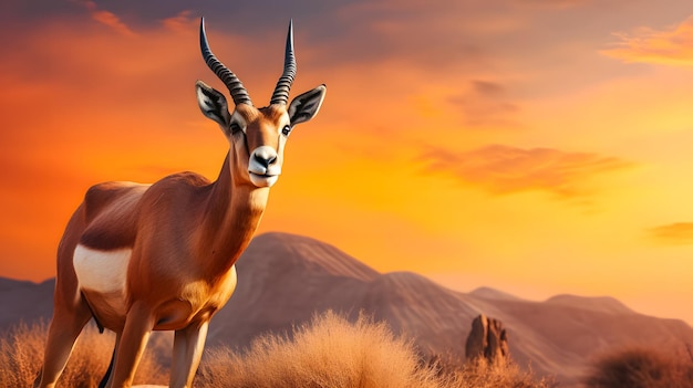 Springbok ou impala antílope aepyceros melampus na pradaria ao pôr-do-sol símbolo nacional africano