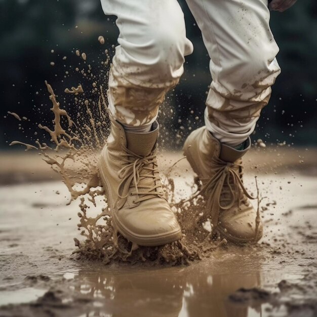 Springe mit weißen Turnschuhen in eine schmutzige Pfütze, in die generative KI spritzt