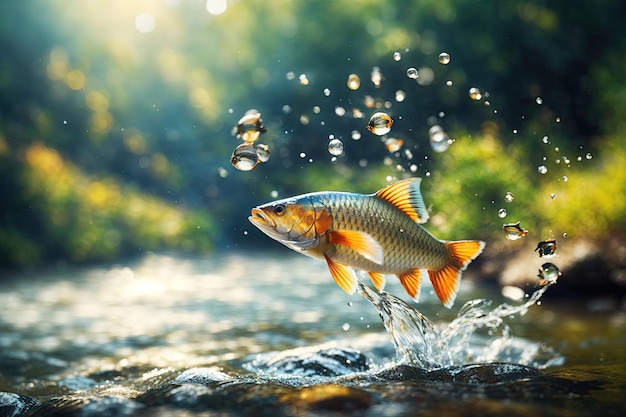 Foto springen aus wasserfischen auf flusshintergrund