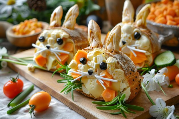 Foto springen sie in die wunderbaren kaninchen-sandwiches mit bunten vegetarischen akzenten für ostern.