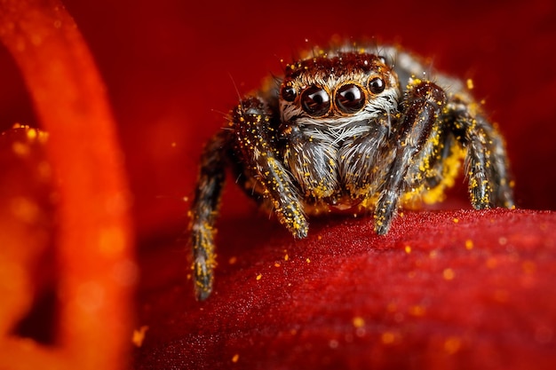 Foto springende spinne auf einem rubinroten blütenblatt mit tautropfen