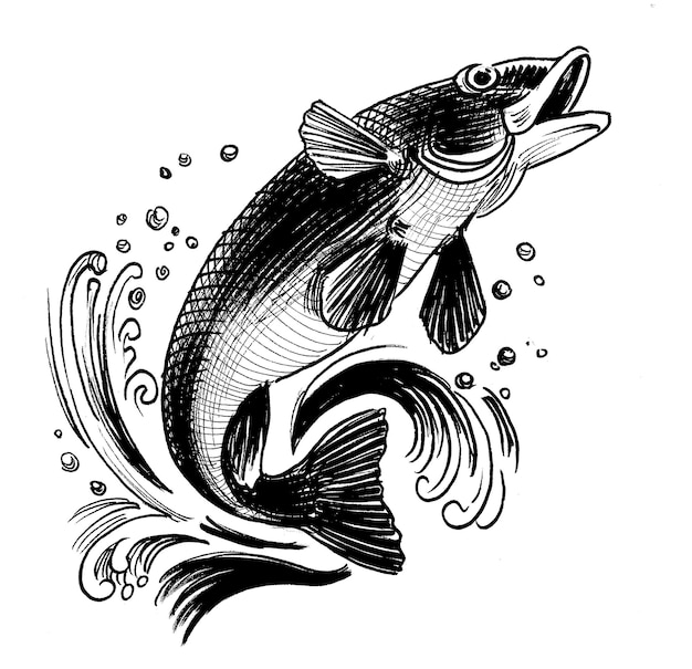Springender Fisch, Schwarz-Weiß-Tintenzeichnung