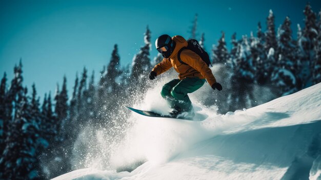Springender Snowboarder in frischem Schnee in den Bergen auf blauem Himmel Hintergrund Generative KI