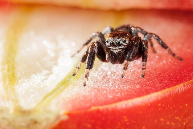 Springspinne auf einer rot leuchtenden Tomatenscheibe