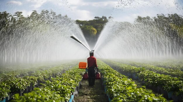 Foto sprinkler de agua para regar en una plantación de viveros en gunung kidul yogyakarta