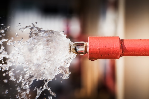 Sprinkler de incêndio e tubulação vermelha.