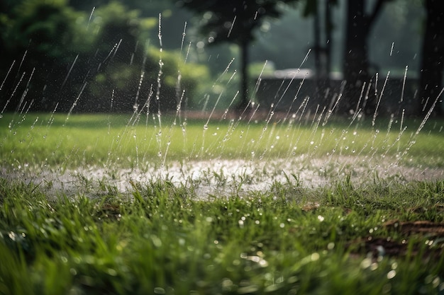 Sprinkler durchnässt den Rasen mit Wassertropfen, die vor dem Grün sichtbar sind