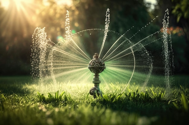 Sprinkler im Park, der Wasser auf üppiges grünes Gras sprüht Illustration AI Generative