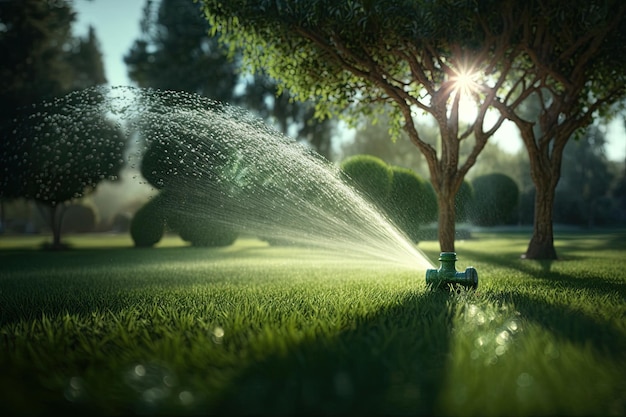 Sprinkler im Park, der Wasser auf üppiges grünes Gras sprüht Illustration AI Generative