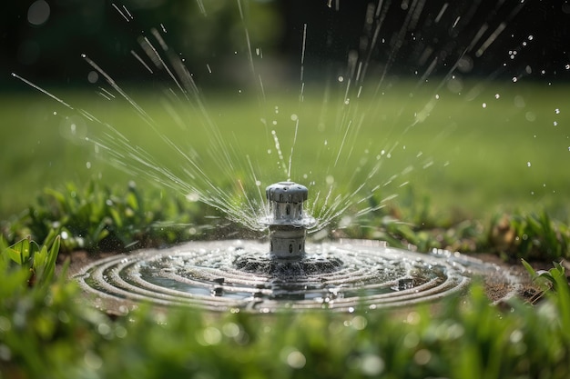 Sprinkler lançando uma chuva de gotas de água no gramado recém-cortado criado com generative ai