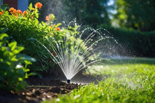 Sprinkler sprühen Wasserstrahlen auf den Rasen Sonnenlicht Gartenpflege