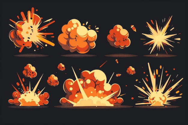 Foto sprite-blatt von bombenexplosions-animation moderne 2d-cartoon-satz von explosionseffekten, die auf schwarzem hintergrund isoliert sind und durch dynamit- oder raketenstart verursacht werden