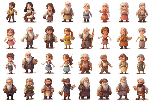 Foto spritesheet jogo desenho animado personagens ilustrados npc avatares comerciantes aldeões vetor em ba branco