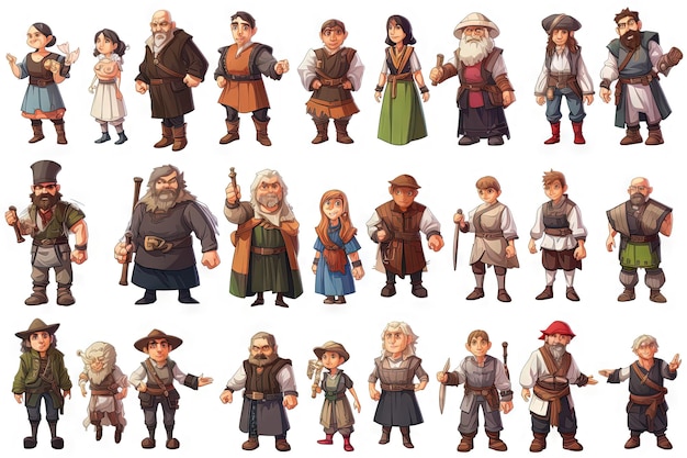 spritesheet jogo desenho animado personagens ilustrados NPC avatares comerciantes aldeões vetor em ba branco