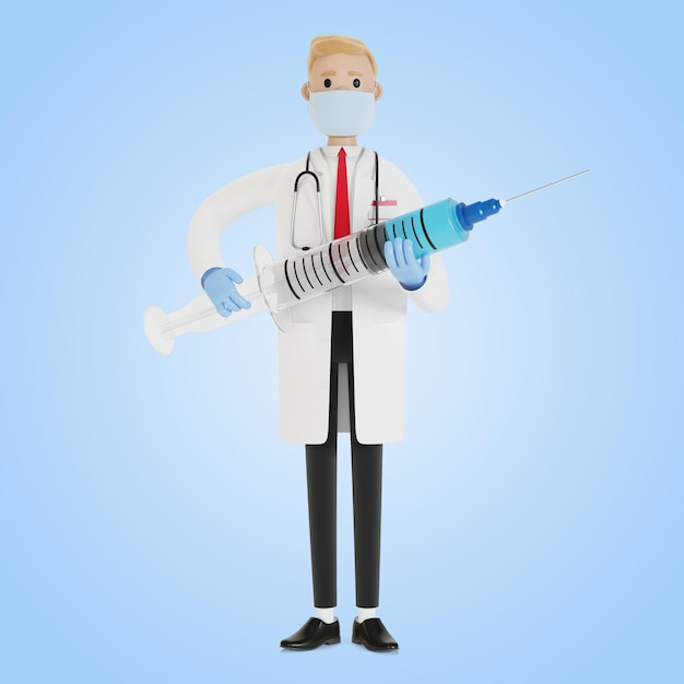 Spritze in den Händen eines Arztes. Ambulanz. Grippeschutzimpfung. Konzept der Gesundheitsmedizin. 3D-Darstellung im Cartoon-Stil.