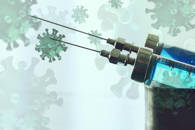 Spritze und Ampulle, Coronavirus-Impfstoff, Konzeptmedizinimpfschutz covid 19