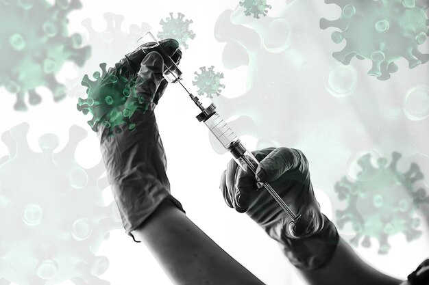 Spritze und Ampulle, Coronavirus-Impfstoff, Konzeptmedizinimpfschutz covid 19