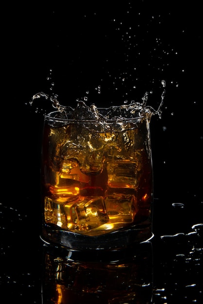 Spritzen Sie vom Glas des Scotch Whisky mit Eis auf schwarzem Hintergrund