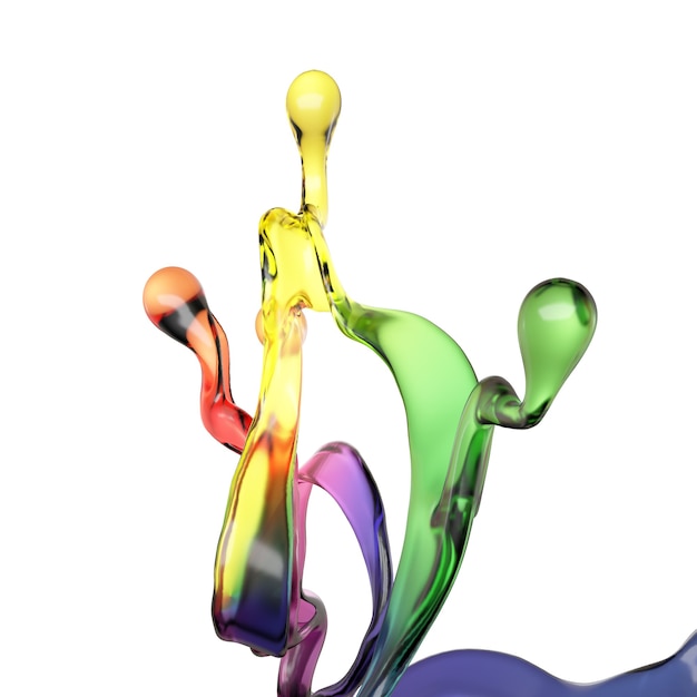 Spritzer der transparenten Flüssigkeit des Farbregenbogens auf einem weißen Hintergrund. 3D-Darstellung, 3D-Rendering.
