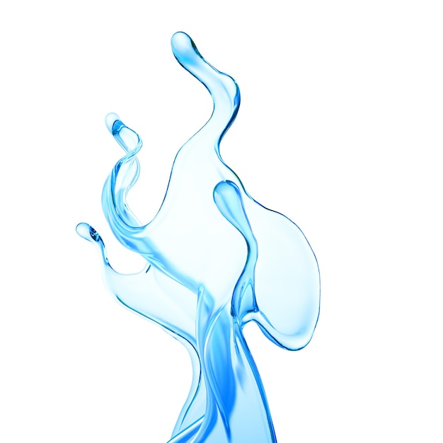 Spritzer klarer blauer Flüssigkeit, Wasser. 3D-Darstellung, 3D-Rendering.