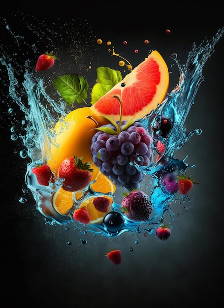 Spritzer Obst und Wasser auf schwarzem Hintergrund Generative AI