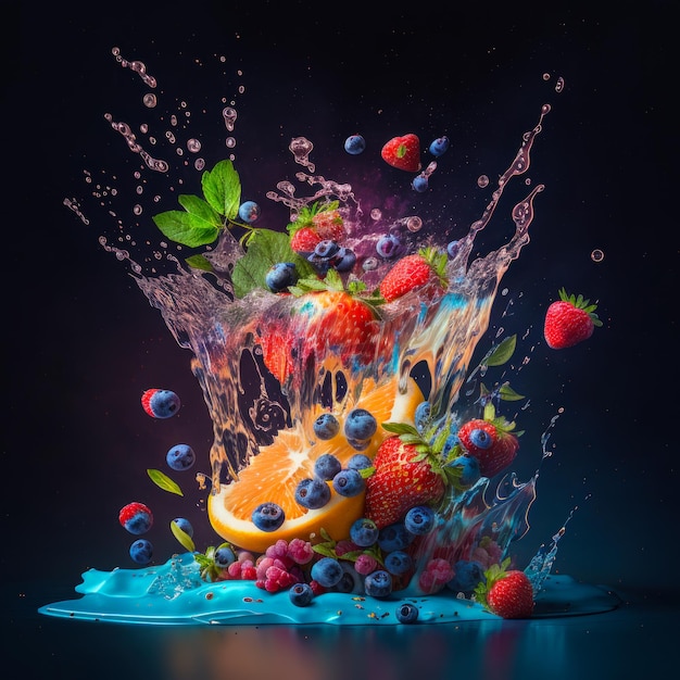 Foto spritzer obst und wasser auf schwarzem hintergrund generative ai