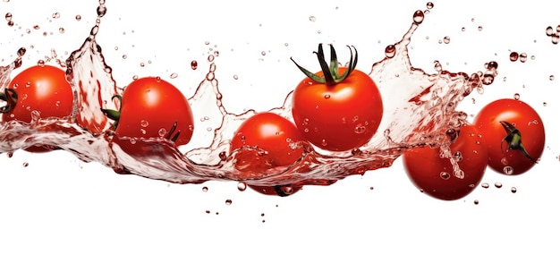 Spritzer Tomatensaft isoliert auf weißem Hintergrund