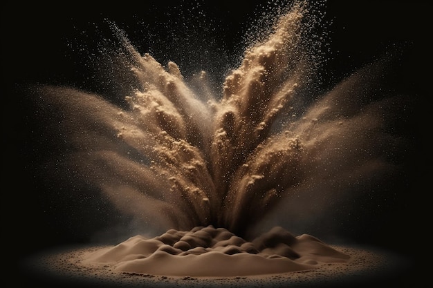 Spritzer von braun gefärbtem Sand Sandexplosion aus einem ausgetrockneten Fluss isoliert auf dunklem Hintergrund Abstrakte Sandwolke