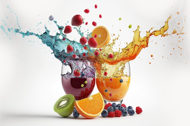 Spritzer Zusammensetzung von Früchten und Gläsern Saft isoliert auf weißem Hintergrund, AI generiert