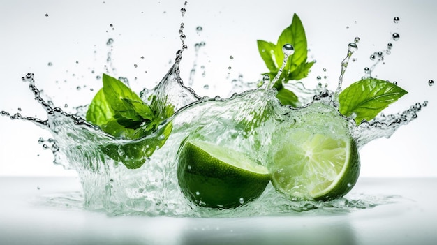 Spritzwasser auf weißem Hintergrund mit Limettenscheiben Minze