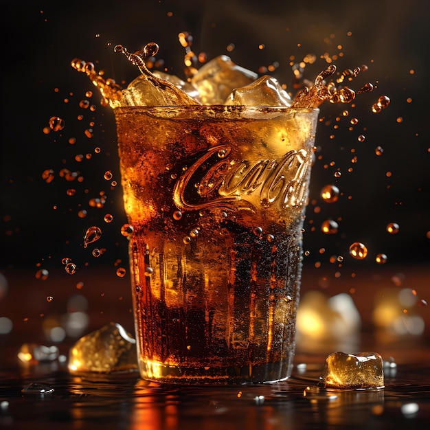 Sprudelnder Sodaspritzer in einem Glas mit Eiswürfeln erfrischendes Getränkekonzept auf dunklem Hintergrund AI