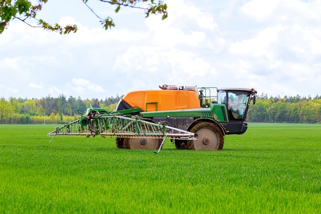 Sprühen von Pestiziden von jungem Weizen auf dem Feld mit einem Traktorsprüher.