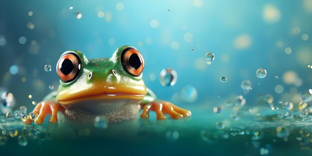 Foto sprung in den februar mit einem lebendigen grünen frosch auf pastell konzept naturfotografie tierporträts frosch-photoshoot lebendige farben pastell-hintergründe