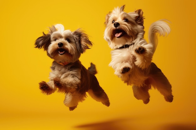 Sprung-Moment Zwei Lowchen-Hunde auf gelbem Hintergrund