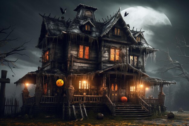 Spukhaus auf Halloween-Feierkonzept Gruseliges Haus mit verlassenem Gebäude und Kürbis