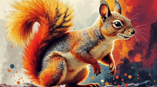 Squirrel Portrait with Vibrant Orange Tail