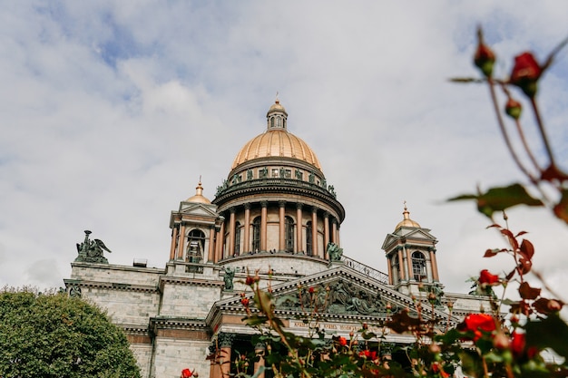 St.-Isaak-Kathedrale in Sankt-Petersburg, Russland. Stadtlandschaft. Ansicht von unten nach oben. Verschwommene Blumen im Vordergrund