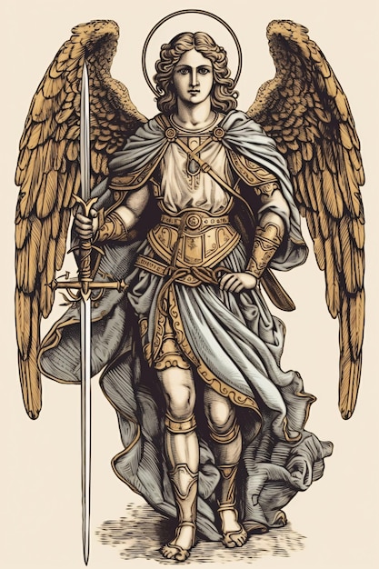 St. Michael der Erzengel Illustration Erzengel St. Michael Generatives Ai Schutz- und Verteidigungssymbol Gravieren im alten Stil