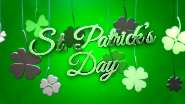 St Patrick Day Text und kleine grüne Kleeblätter mit Linien auf Saint Patrick Day glänzendem Hintergrund. Luxuriöser und eleganter 3D-Illustrationsstil für das Urlaubsthema