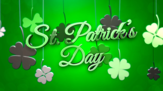 Foto st patrick day text und kleine grüne kleeblätter mit linien auf saint patrick day glänzendem hintergrund. luxuriöser und eleganter 3d-illustrationsstil für das urlaubsthema