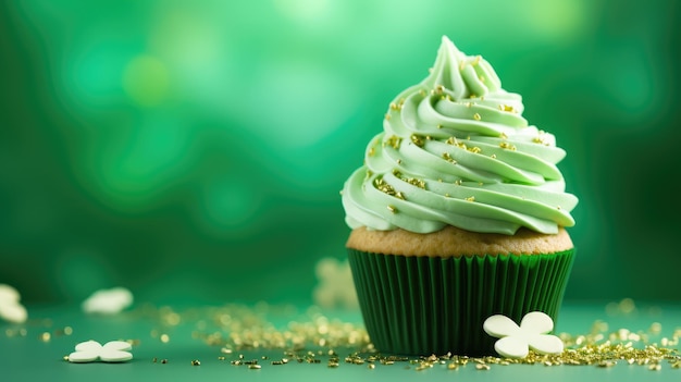 St. Patrick's Day Cupcake mit Schlagsahne, gekleidet mit Kleeblatt auf grünem Hintergrund