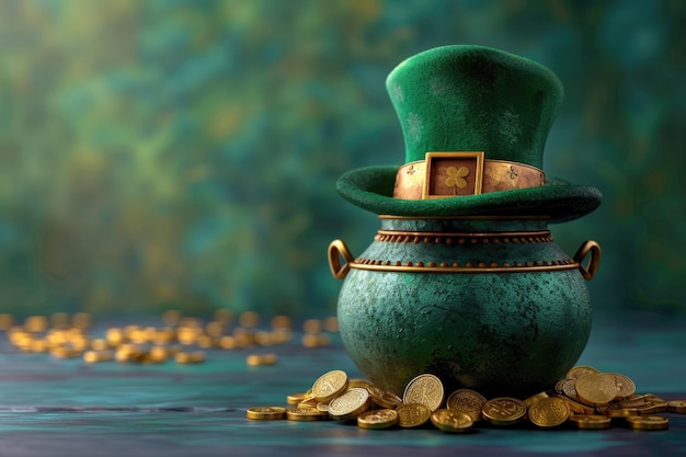 St. Patrick's Day Design-Konzept mit grünem Topf voller Goldmünzen und Leprechaun-Hut