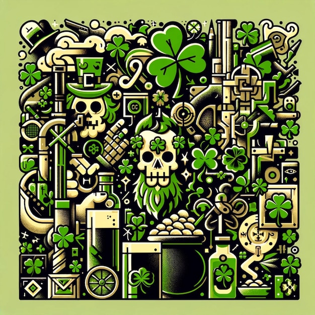 St. Patrick's Day Doodle Art mit Schädeln und Klovern.