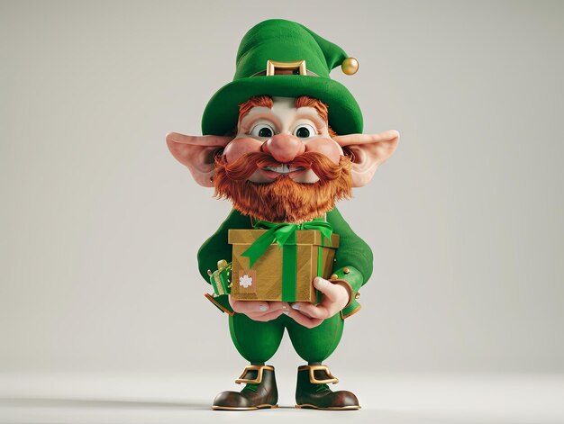 Foto st. patrick's day ein leprechaun hält eine geschenkkiste im cartoon 3d-stil