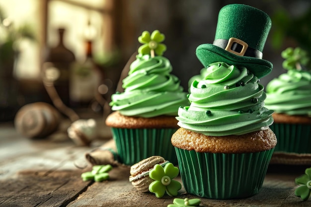 Foto st. patrick's day feiertag cupcakes mit grüner sahne mit kleeblümchen und leprechaun hut